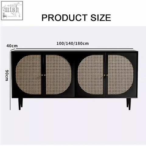 Black debby rattan sideboard with four circular cane-paneled doors and slender legs for modern storage
