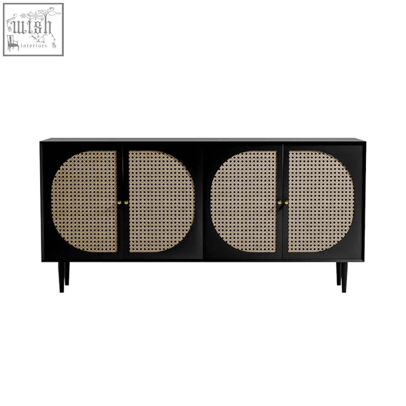 Black debby rattan sideboard with two pairs of round cane-paneled doors and slender legs for stylish storage