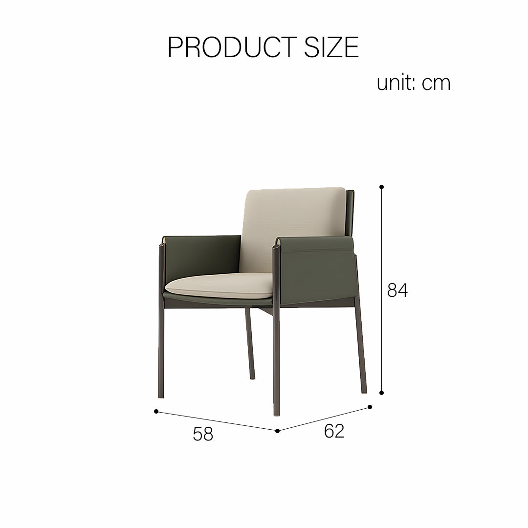 Modern decker dining chair with armrests featuring a sleek dark green metal frame and light beige leather seat and backrest