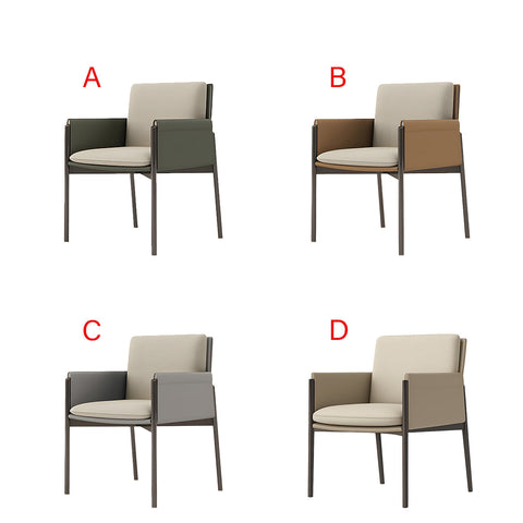 Modern decker dining chair with armrests featuring beige fabric upholstery and black metal frame with dark olive side panels