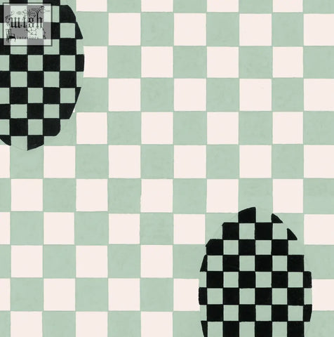 Deco checkers wallpaper by micaela sharp features black and white circular patterns on a seafoam bliss checkerboard printed digitally on ethically sourced materials