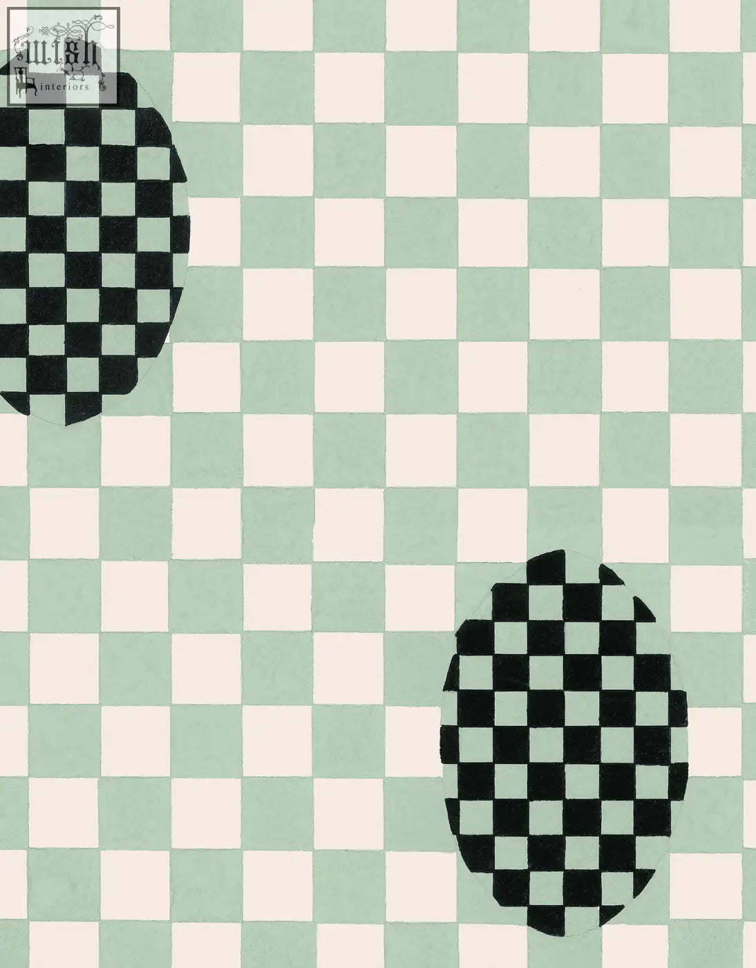 Two black and white checkered ovals on seafoam bliss wallpaper by micaela sharp made with ethically sourced materials and digital printing