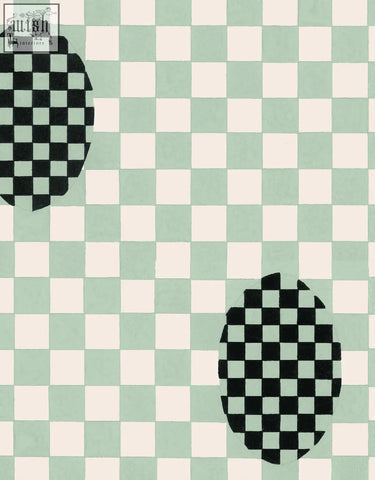 Two black and white checkered ovals on seafoam bliss wallpaper by micaela sharp made with ethically sourced materials and digital printing