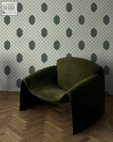 Olive green velvet armchair with sleek modern design made with ethically sourced materials by micaela sharp
