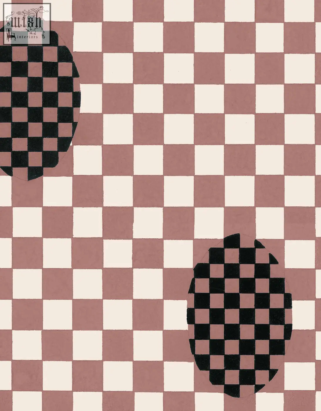 Deco checkers wallpaper in toasted coco features a pink white checkered pattern with black and white circles by micaela sharp digital printing