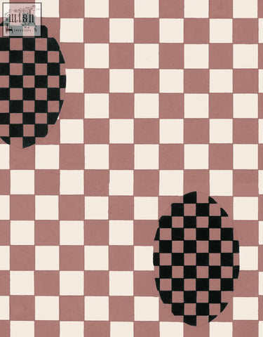 Deco checkers wallpaper in toasted coco features a pink white checkered pattern with black and white circles by micaela sharp digital printing