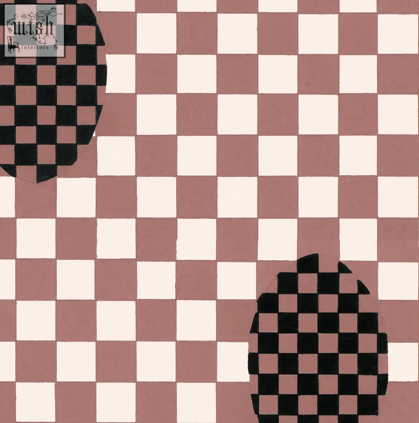 Deco checkers wallpaper in toasted coco features a black and white checkered overlay on pink and cream by micaela sharp digital printing