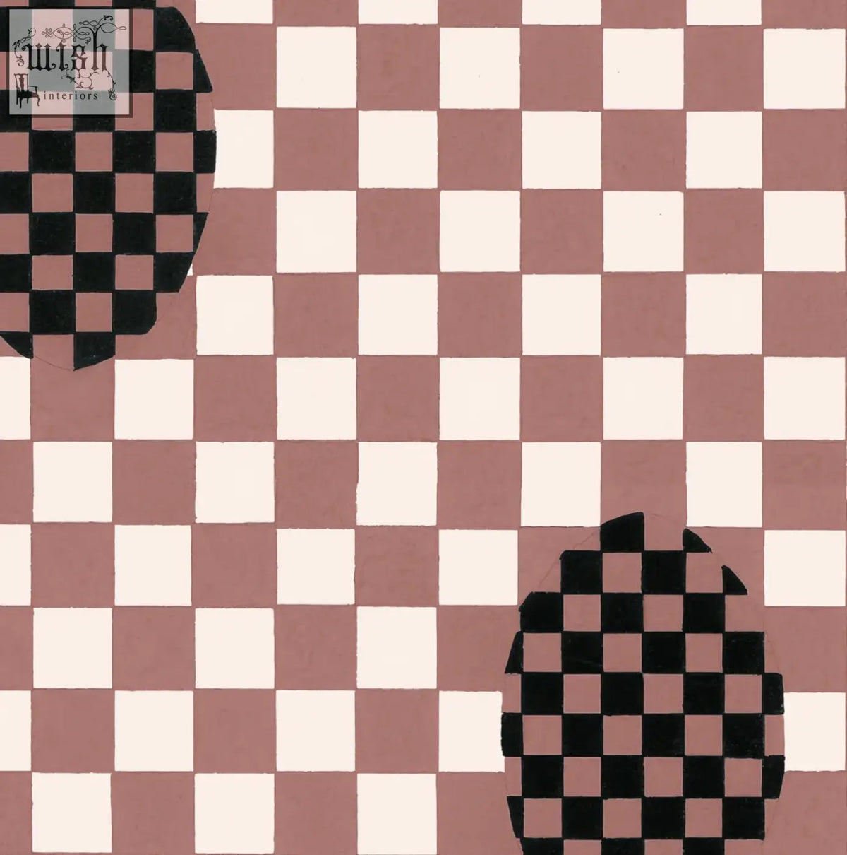 Deco checkers wallpaper in toasted coco features a black and white checkered overlay on pink and cream by micaela sharp digital printing