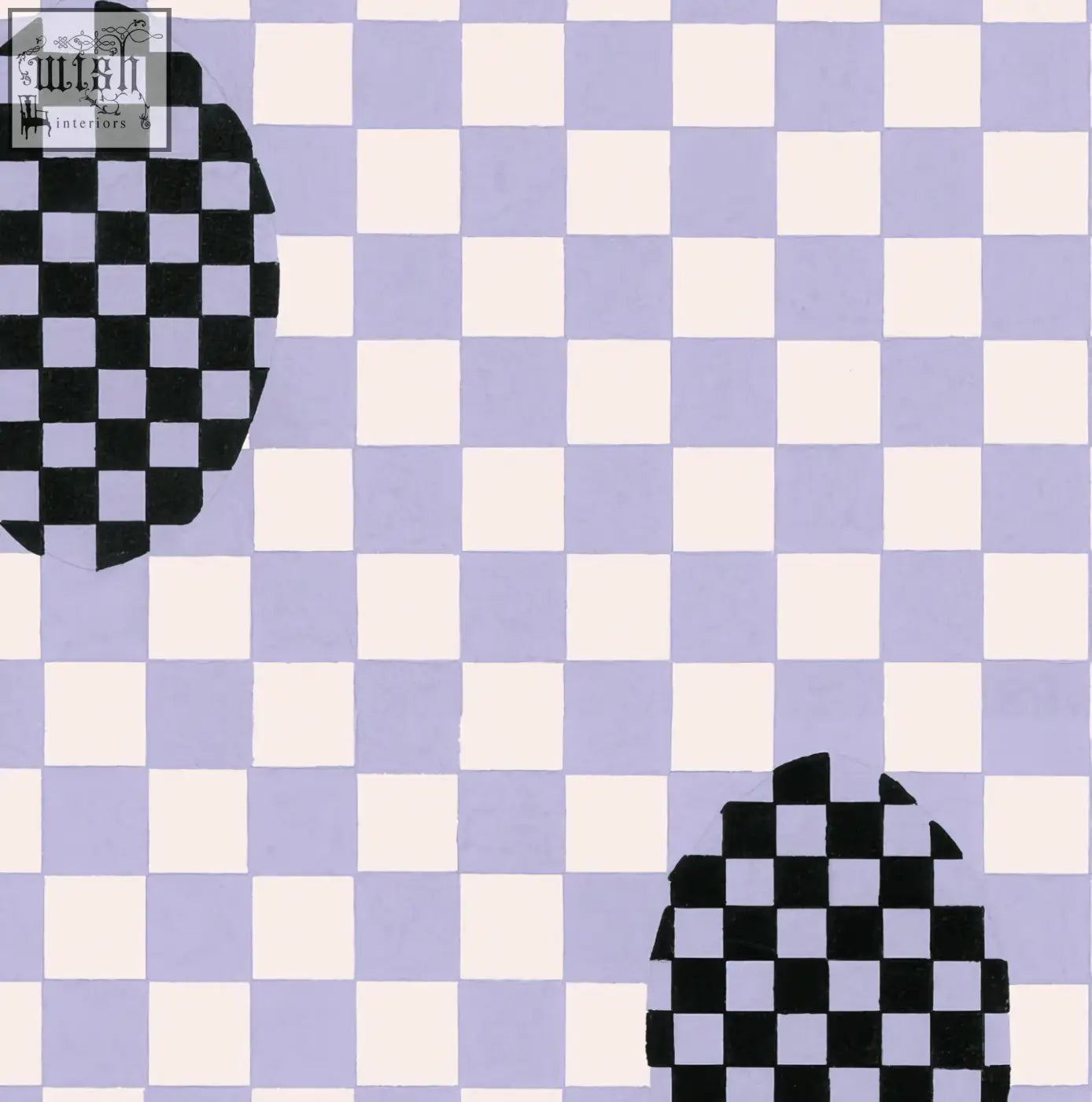 Deco checkers wallpaper in violet veil features black and white circles on a lavender checkerboard by micaela sharp using ethically sourced materials and digital printing