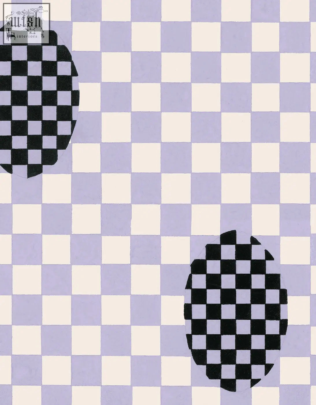 Two black and white checkered ovals on a violet veil wallpaper by micaela sharp using ethically sourced materials and digital printing