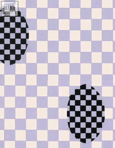 Two black and white checkered ovals on a violet veil wallpaper by micaela sharp using ethically sourced materials and digital printing