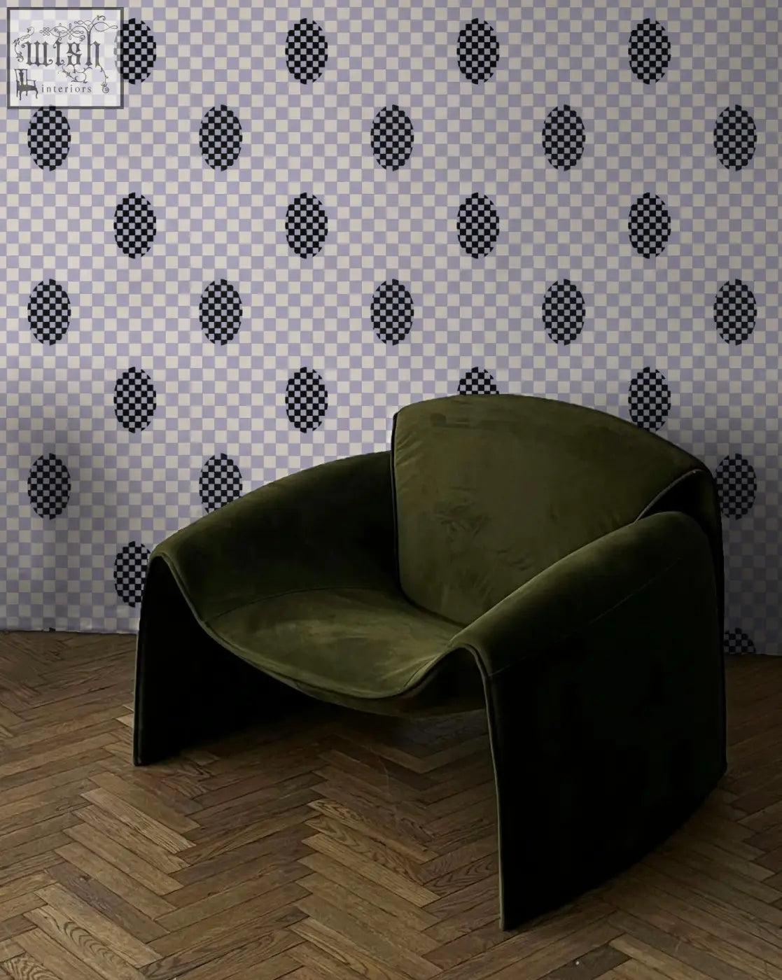 Olive green velvet armchair with sleek modern curves featuring micaela sharp digital printing on ethically sourced materials