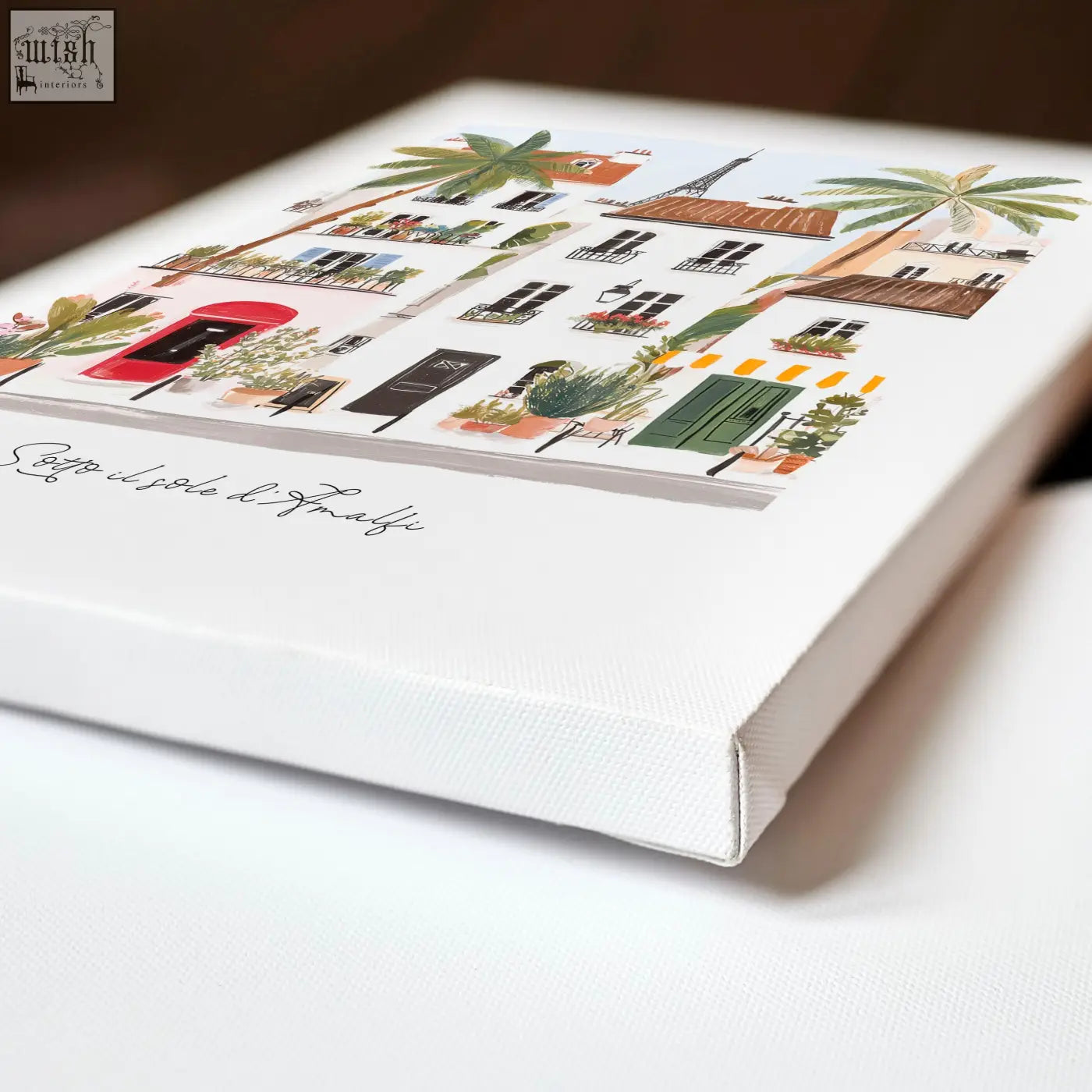 White canvas wall art print featuring colorful european buildings palm trees eiffel tower signed sotto il sole for coastal decor