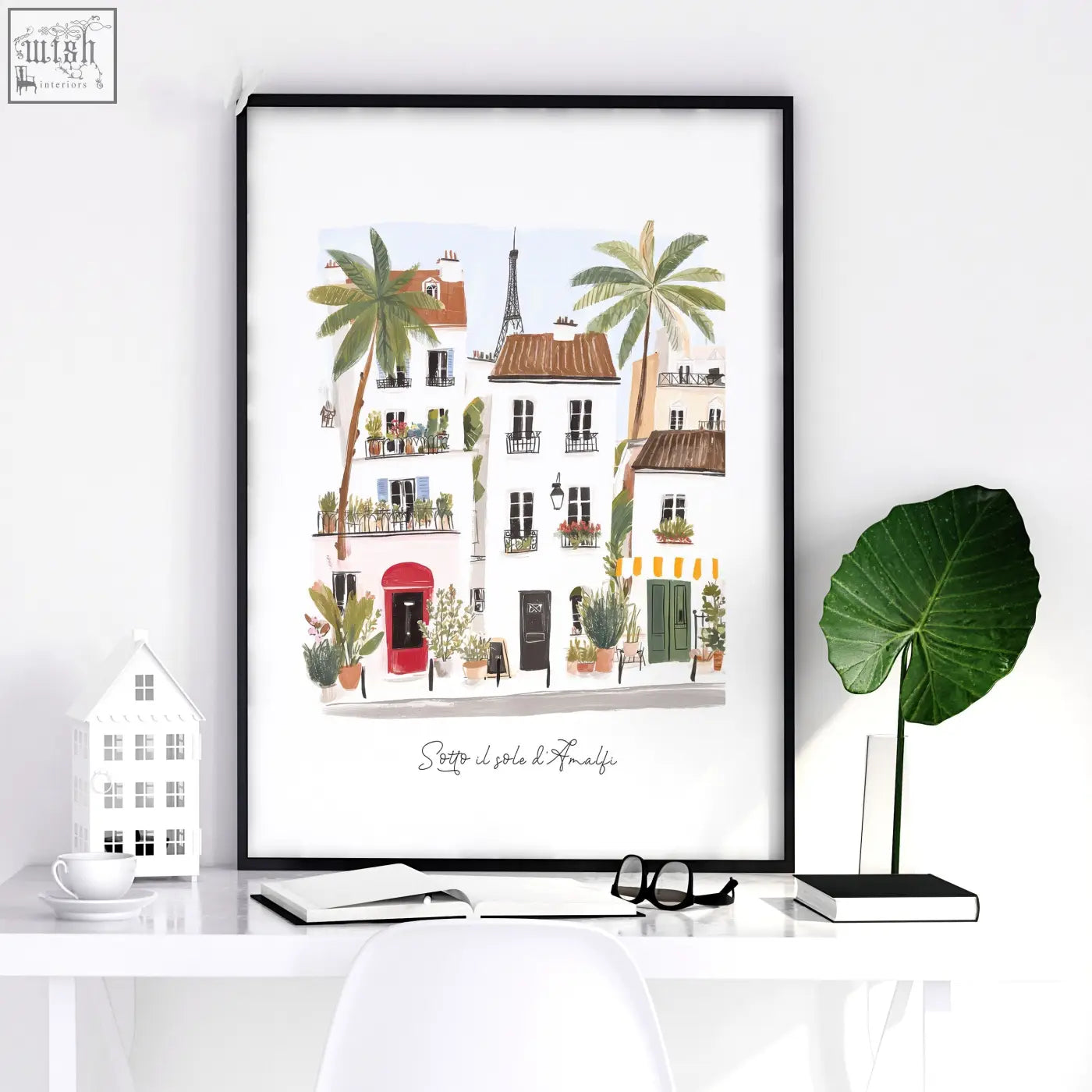 Black-framed wall art print of parisian street scene with palm trees and eiffel tower in watercolor tones for sotto il sole decor