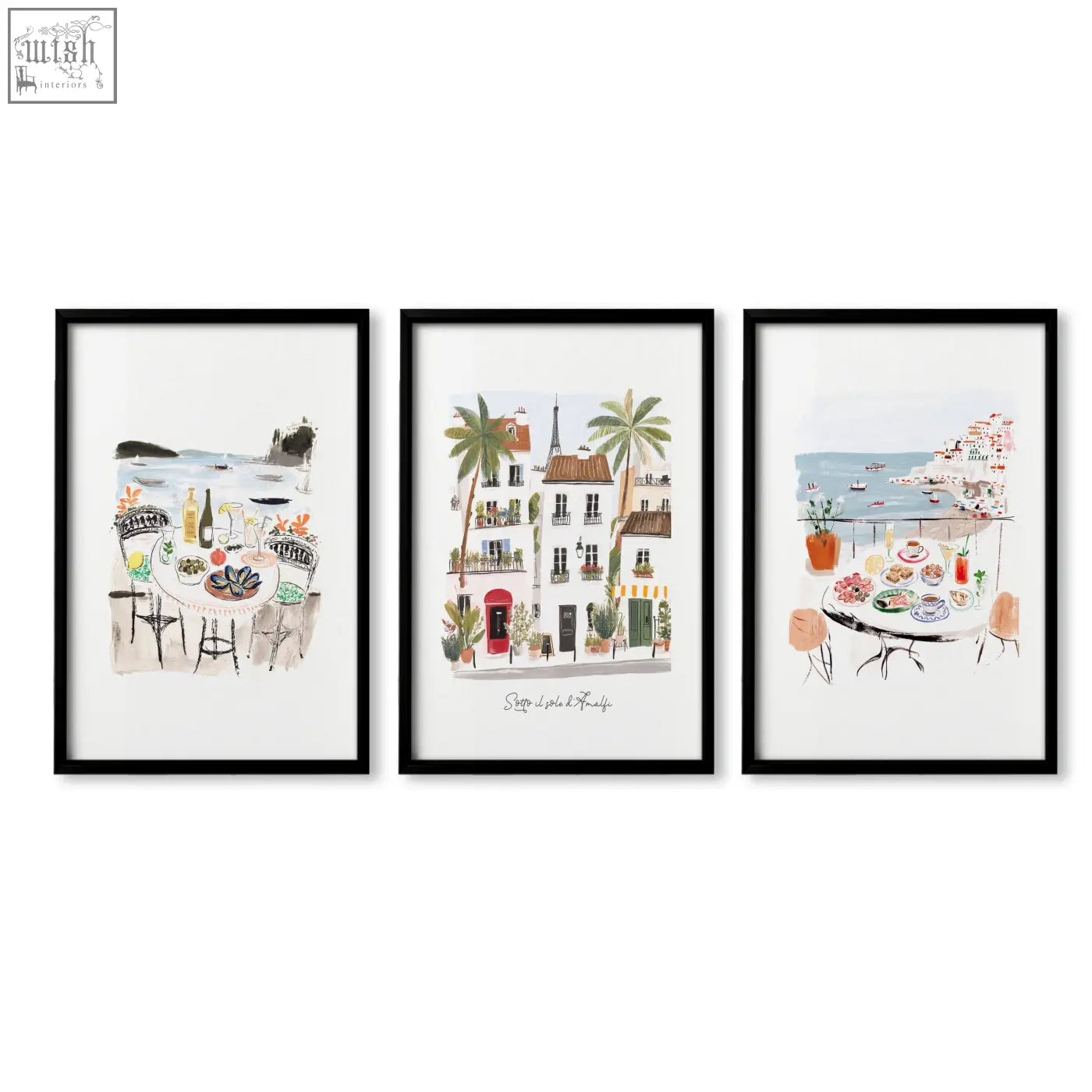 Set of three black-framed sotto il sole watercolor art prints featuring coastal and parisian wall art for bathroom decor