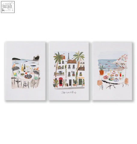 Set of three watercolor art prints featuring coastal mediterranean seaside and european street scenes for bathroom wall art sotto il sole