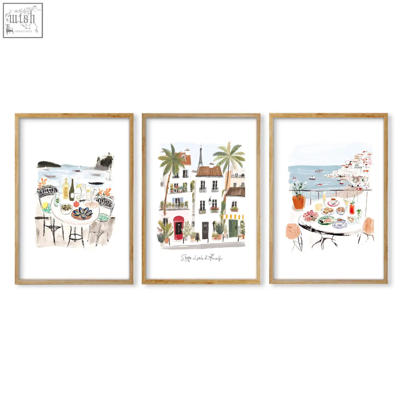 Three framed sott o il sole coastal and parisian art prints with white matting and light wood frames for wall art decor