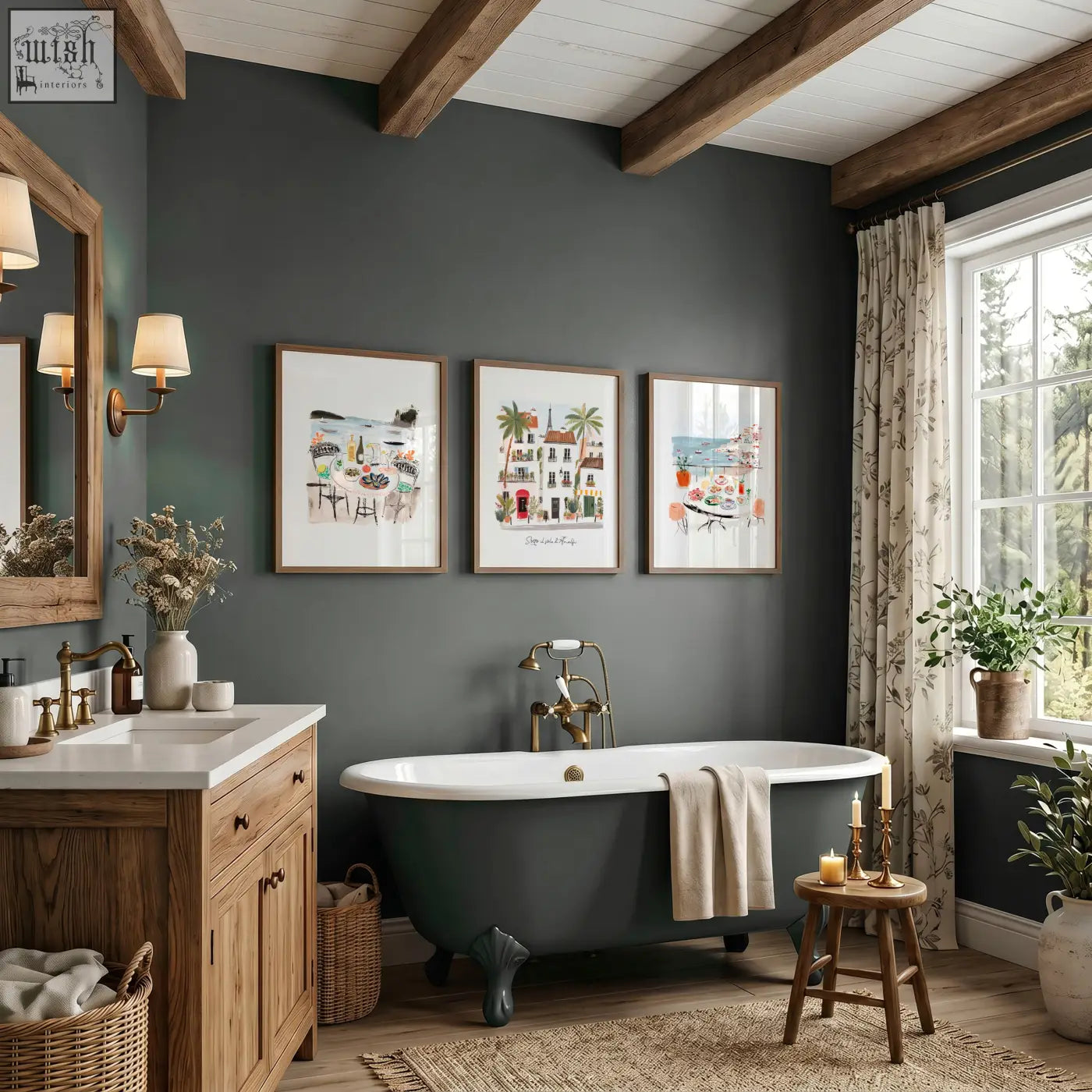 Dark green clawfoot bathtub with white interior and gold fixtures featured in sotto il sole coastal mediterranean wall art prints set