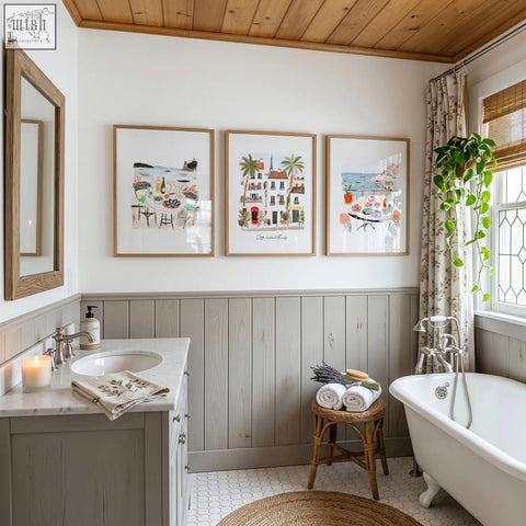 White clawfoot bathtub with chrome fixtures and curved rail featured in sotto il sole coastal mediterranean wall art prints set