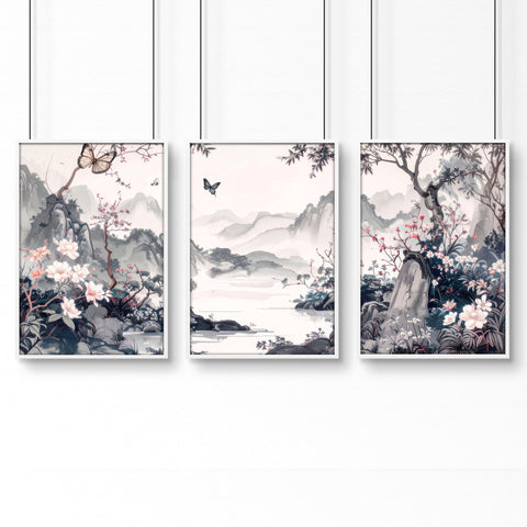 Decorating Bedroom Walls | Set of 3 Chinoiserie Wall art Prints
