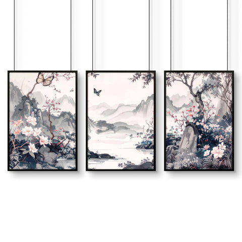 Decorating Bedroom Walls | Set of 3 Chinoiserie Wall art Prints