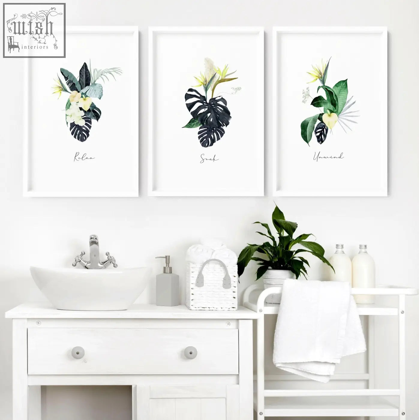 Three framed tropical wall art prints with watercolor plants and minimalist titles perfect for bathroom walls decor