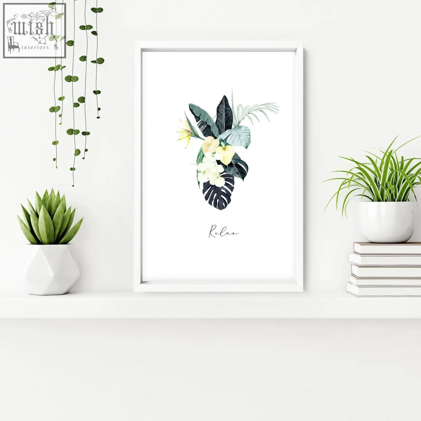 White framed botanical wall art with watercolor leaves and relax script perfect for tropical oasis bathroom walls set of 3