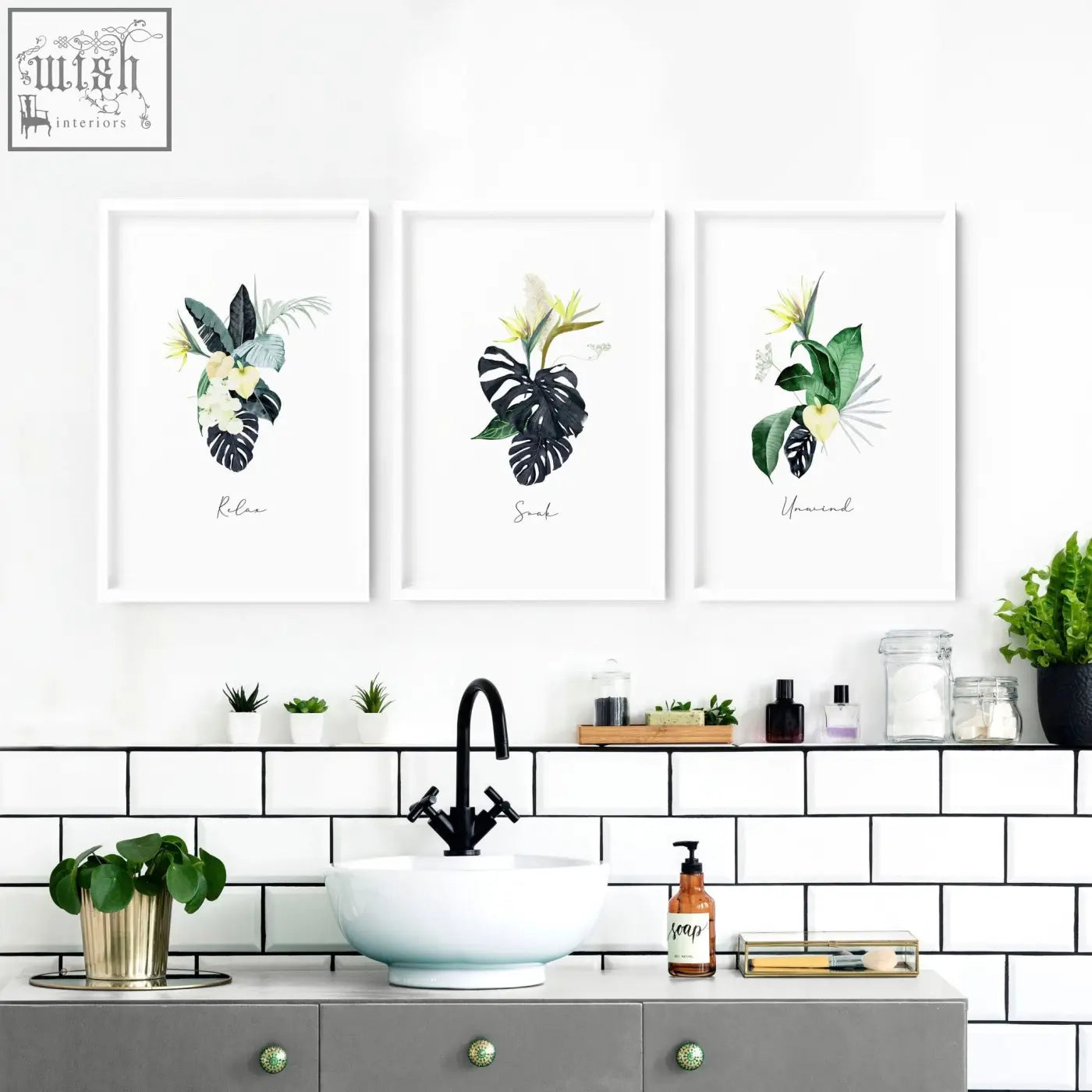 Set of 3 tropical wall art with watercolor botanical prints in white frames perfect for bathroom walls and a tropical oasis