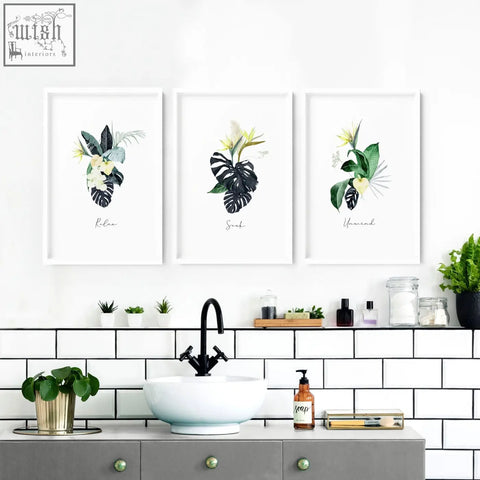 Set of 3 tropical wall art with watercolor botanical prints in white frames perfect for bathroom walls and a tropical oasis