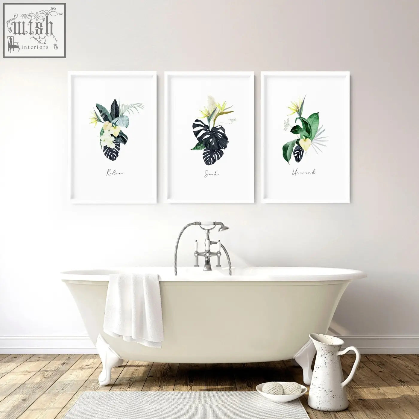 Set of 3 tropical wall art prints with watercolor leaves and words relax soak unwind for bathroom walls decor