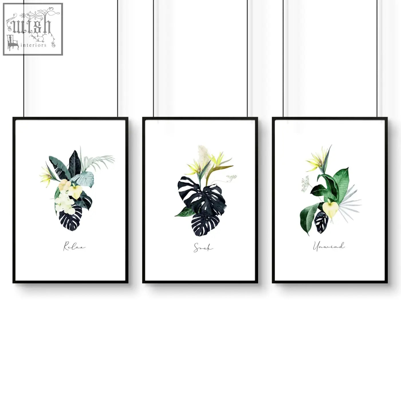 Set of 3 black-framed tropical wall art with green and yellow botanical prints perfect for bathroom walls and a tropical oasis