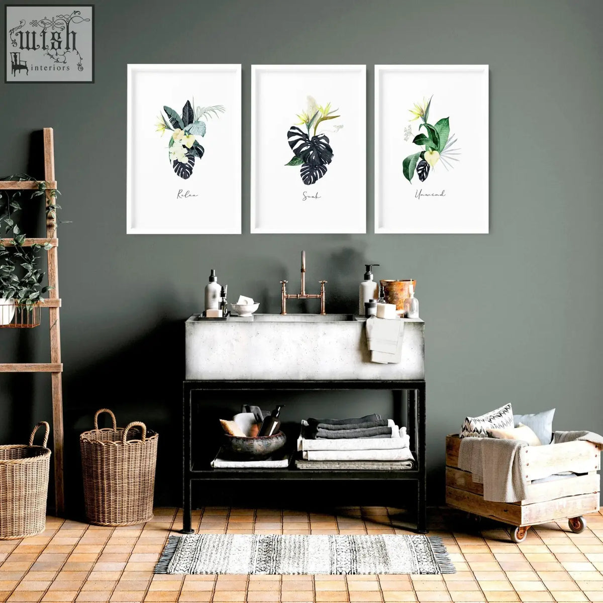 Set of 3 framed botanical wall art with tropical leaves in green black and cream perfect for bathroom walls and tropical oasis