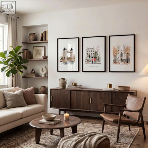 Dark wood sideboard with sleek metal handles paired with decorative wall hangings for living room london bridge art prints