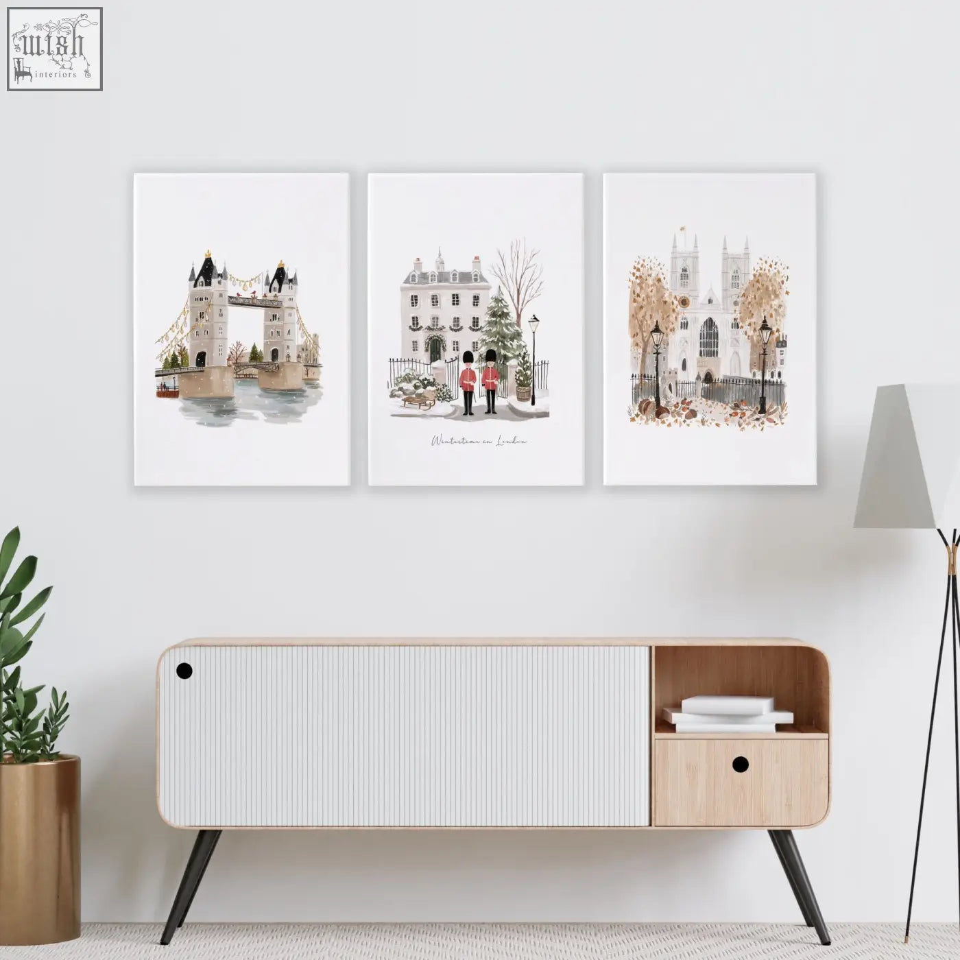 Set of three london-themed decorative wall hangings featuring tower bridge, christmas guards, and westminster abbey for living room