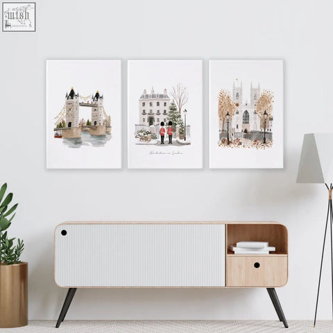 Set of three london-themed decorative wall hangings featuring tower bridge, christmas guards, and westminster abbey for living room