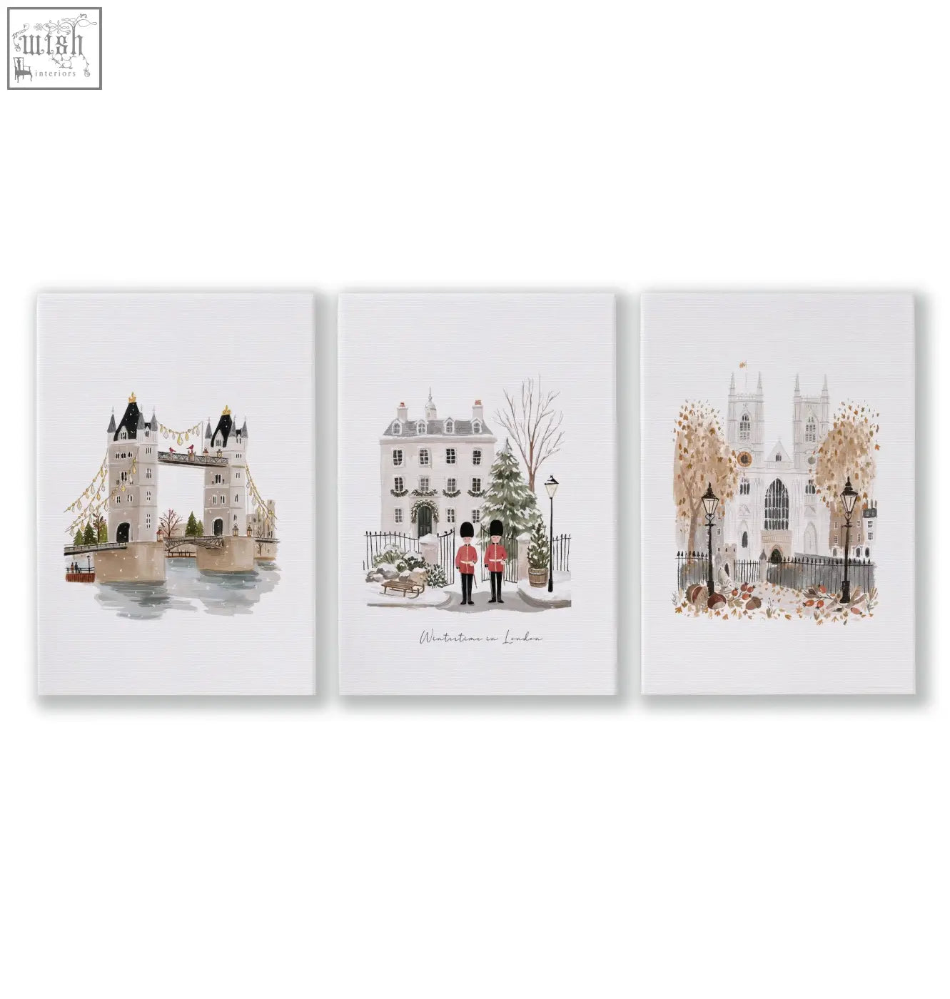 Set of three watercolor london landmark prints as decorative wall hangings for living room wintertime decor