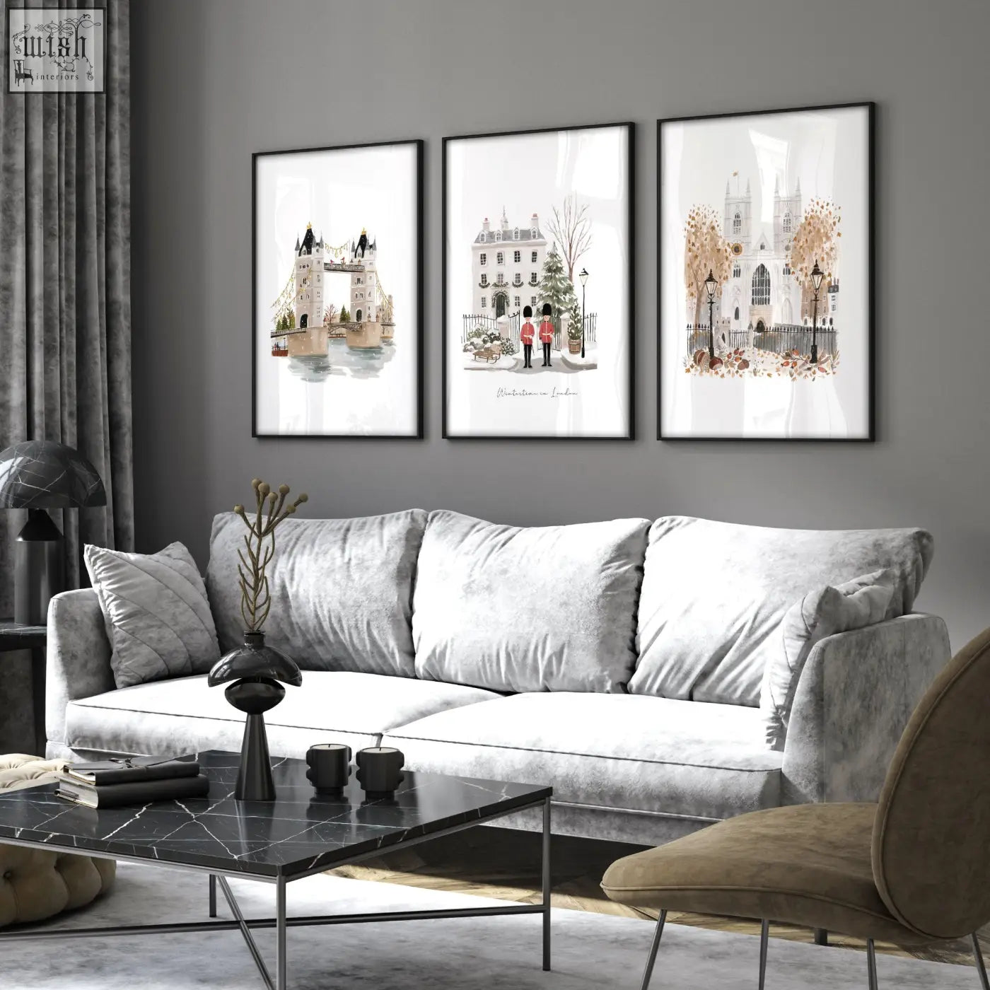 Silver velvet sofa with plush cushions and modern minimalist design perfect for living room decorative wall hangings display