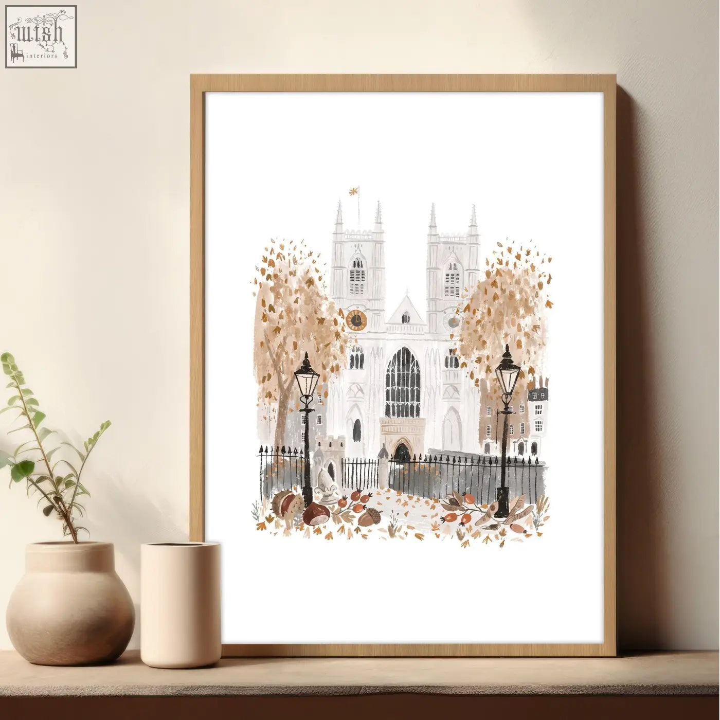 Framed watercolor cathedral print with autumn trees in a light wood frame perfect decorative wall hangings for living room