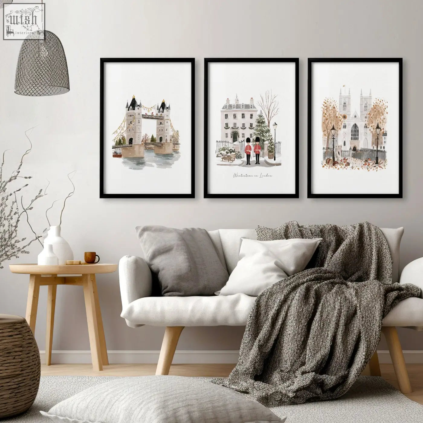 Three decorative wall hangings featuring london landmarks in black frames with beige tones perfect for living room decor