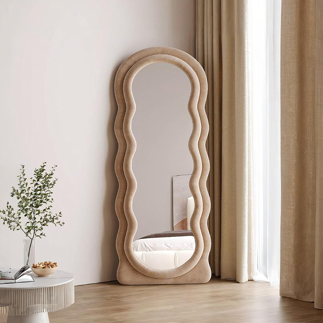 Beige velvet framed deenz modern full length mirror with a wavy sculpted border for stylish home decor