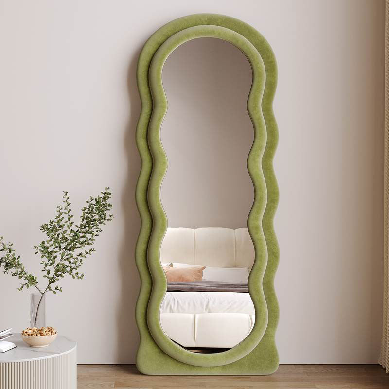 Deenz modern full length mirror with tall olive green velvet frame and wavy sculpted border for stylish decor