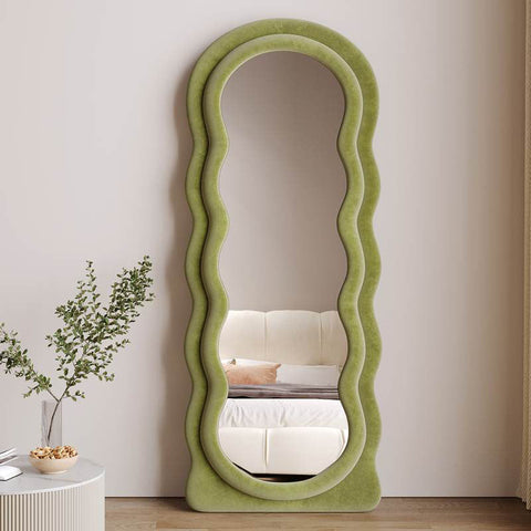 Deenz modern full length mirror with tall olive green velvet frame and wavy sculpted border for stylish decor