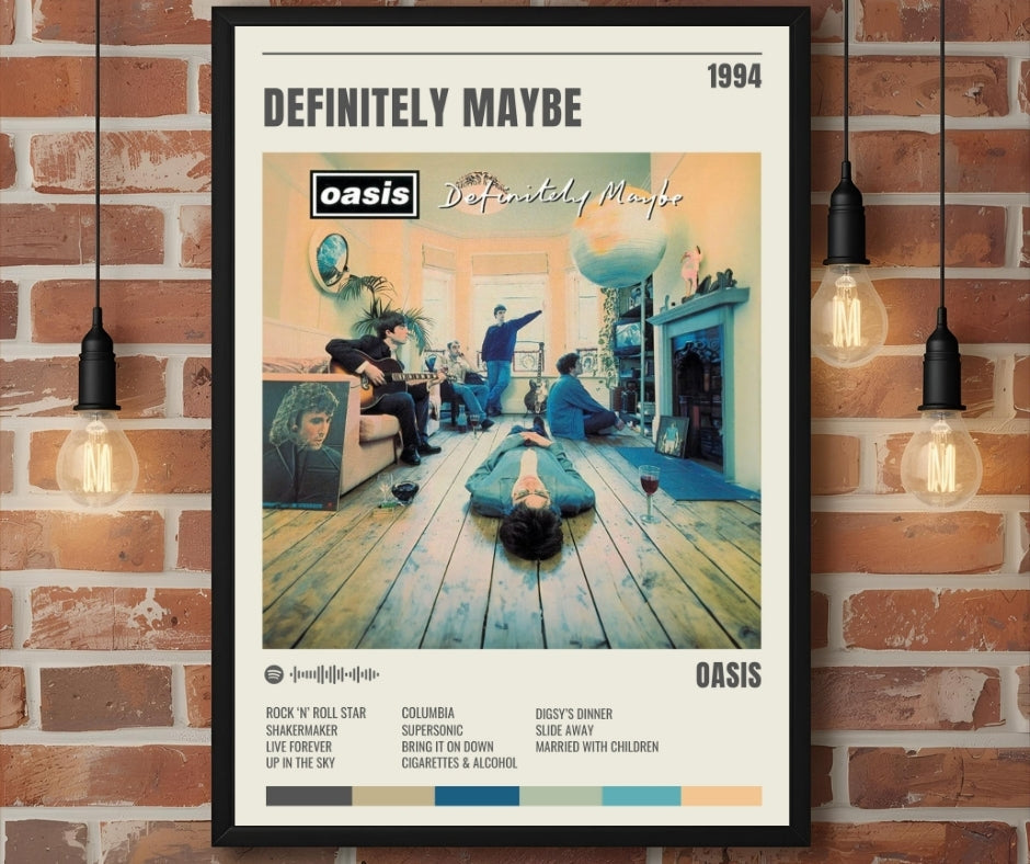 Black-framed oasis definitely maybe album track poster with vintage band photo in warm living room setting
