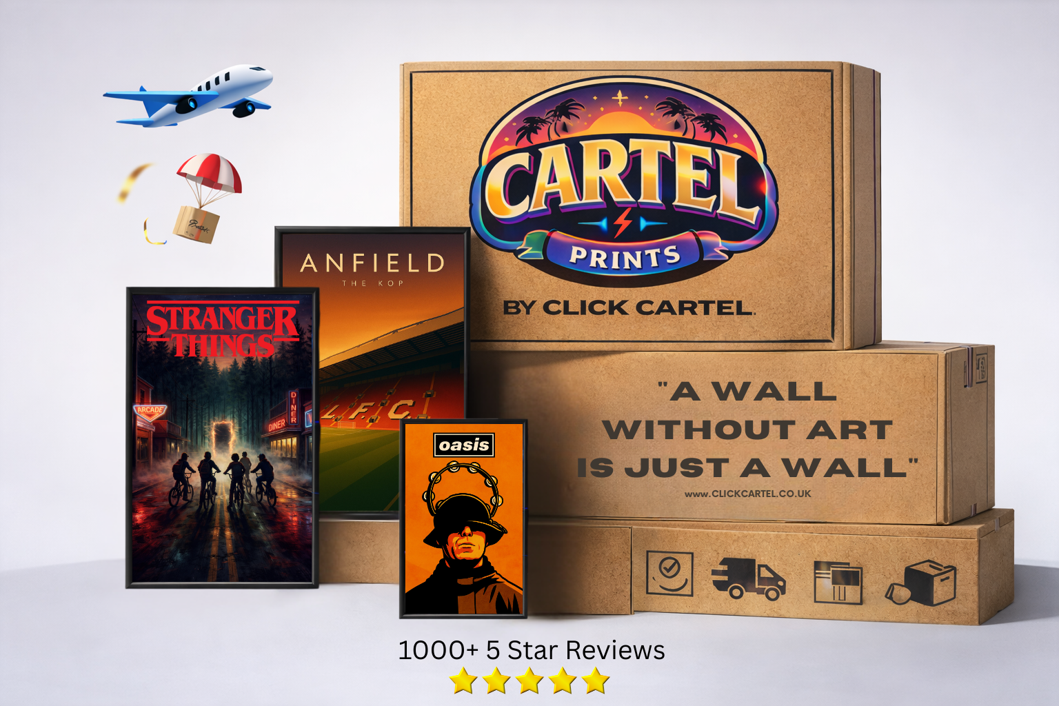 Brown cardboard box with colorful cartel prints logo holding definitely maybe oasis inspired album track poster