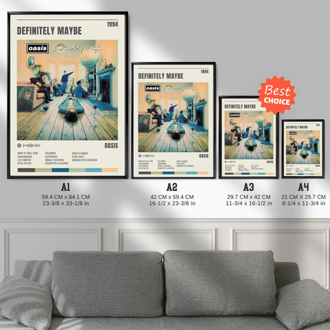 Four framed definitely maybe oasis album track posters with vintage 1994 design on matte paper
