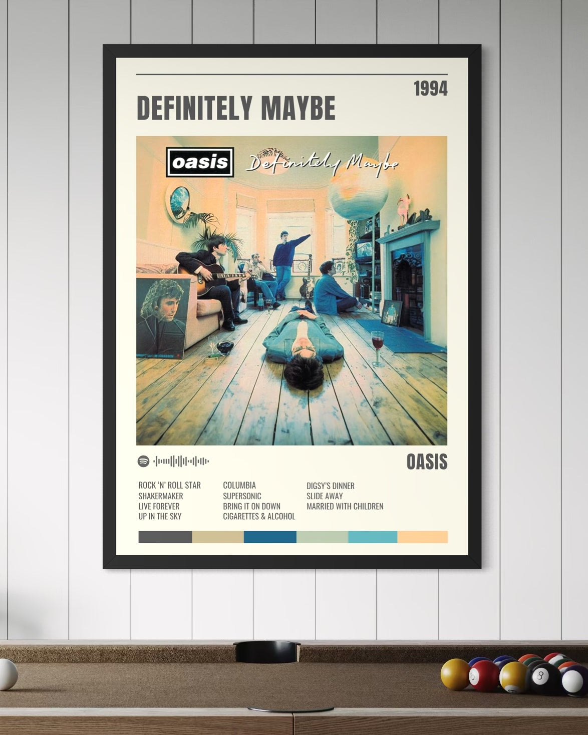 A framed definitely maybe album track poster by oasis with warm vintage-style illustration in classic tones
