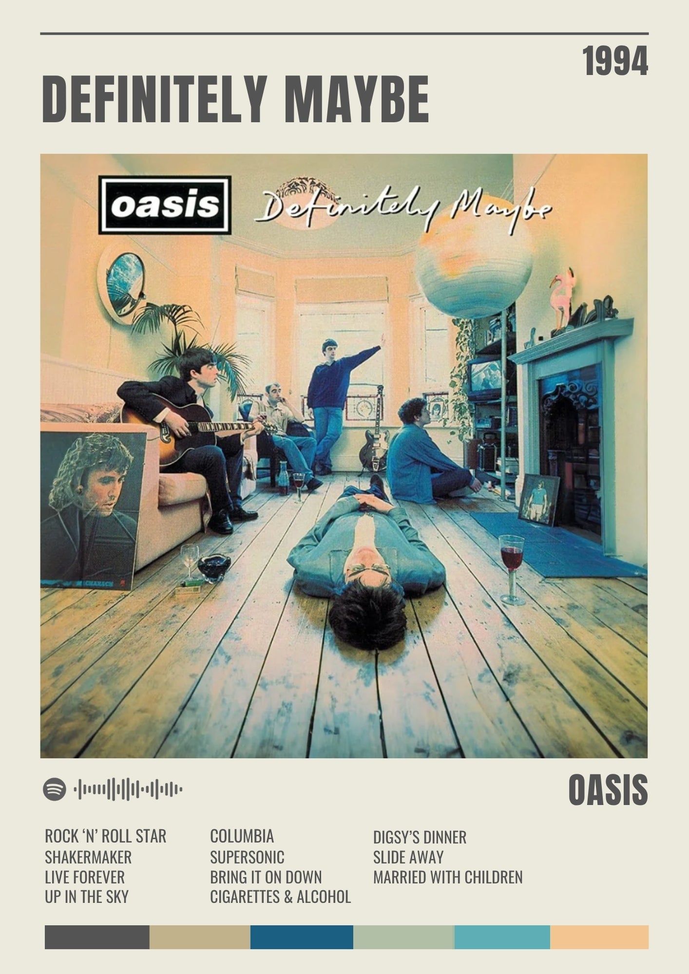 Definitely maybe oasis inspired album track poster showing band in warm vintage living room with distinctive colors