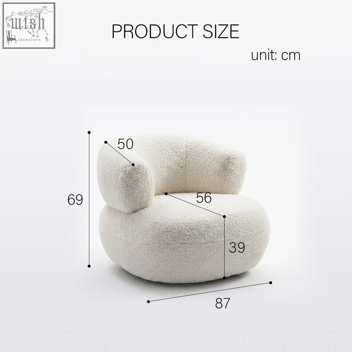 Cream-colored plush deirdre armchair in soft white boucle fabric with cloud-like rounded contours for cozy seating