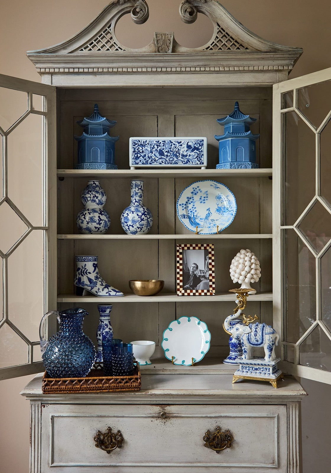 Blue and white porcelain delft tulipiere rectangle vase displayed on vintage cabinet shelf as decorative item