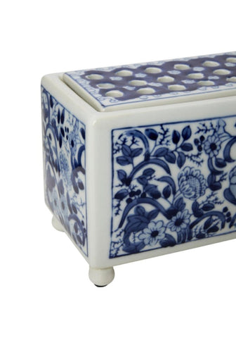 Delft tulipiere rectangle vase with blue and white porcelain, intricate floral patterns, and a perforated lid